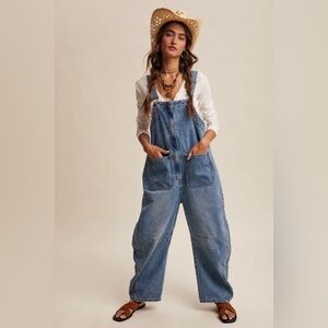 NWT Listicle Zip Front Barrel Horseshoe Good Luck Denim Jean Overalls Jumpsuit
